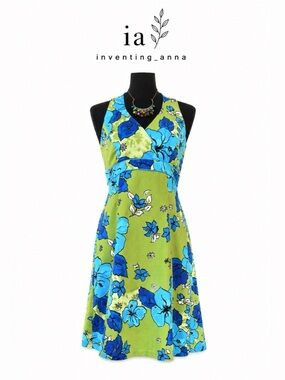 Ombre Green Blue Floral Halter A-Line Dress Tropical Resort size 6